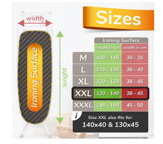 Husa pentru masa de calcat turbo super moale 5 straturi 140x40, gri, captuseala din bumbac KOTEX, 5 dimensiuni, intinzator EasyFit, zona XXL 130-140x38-45cm [6]