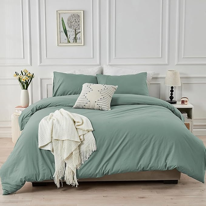 Set lenjerie de pat bumbac Renforce 200x200 cm, verde salvie, cu 2 fete de perna 80x80 cm, inchidere cu fermoar [4]