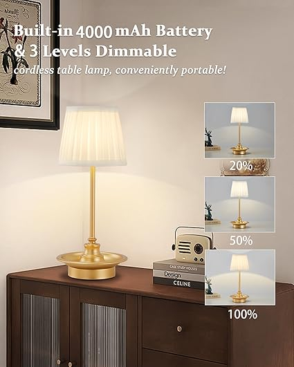 Lampa de masa LED fara fir GyroVu, reincarcabila, touch dimabila, abajur textil, pentru dormitor, birou, restaurant [4]