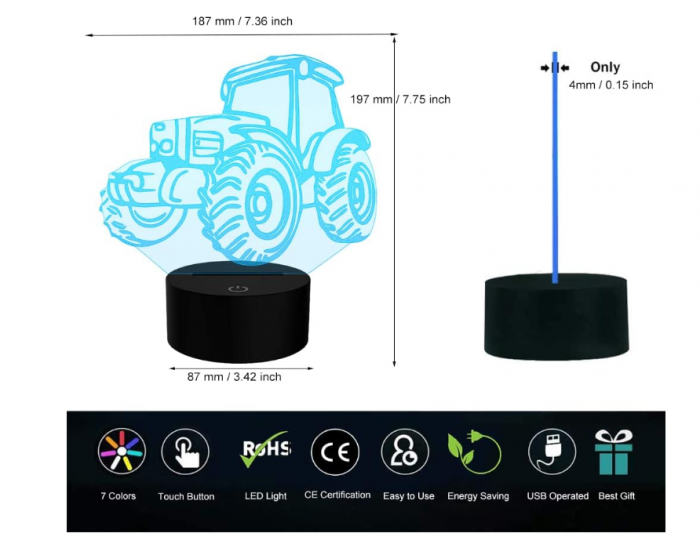Lampă LED 3D „Iluzie Optică” Tractor, schimbare 7–16 culori, comandă tactilă + telecomandă, USB/baterii – decor Crăciun & cadou copii [7]