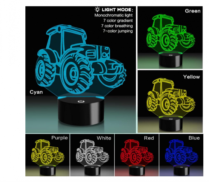 Lampă LED 3D „Iluzie Optică” Tractor, schimbare 7–16 culori, comandă tactilă + telecomandă, USB/baterii – decor Crăciun & cadou copii [2]