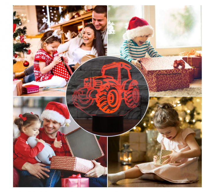 Lampă LED 3D „Iluzie Optică” Tractor, schimbare 7–16 culori, comandă tactilă + telecomandă, USB/baterii – decor Crăciun & cadou copii [8]