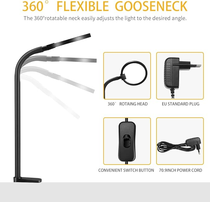 Lampa birou LED cu clema, brat flexibil silicon, zinc alloy, lumina calda 3000K, 580LM, 6W, reglabila, eye-friendly [5]