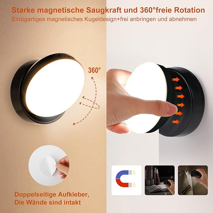 Lampa LED de perete cu senzor de miscare, neagra, cu intrerupator, rotatie 360°, lumina 3000K/7000K, magnetica, fara fir, pentru living, hol si scari [2]