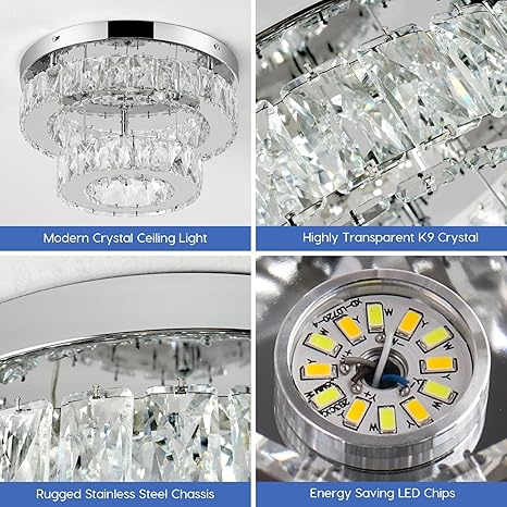 Candelabru modern LEONTYNE cu cristale, 2 straturi, rotund, pentru dormitor, hol, bucatarie, alb rece, clasa energetica E [4]