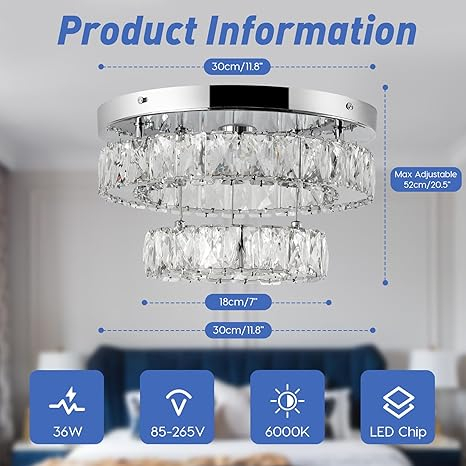 Candelabru modern LEONTYNE cu cristale, 2 straturi, rotund, pentru dormitor, hol, bucatarie, alb rece, clasa energetica E [3]