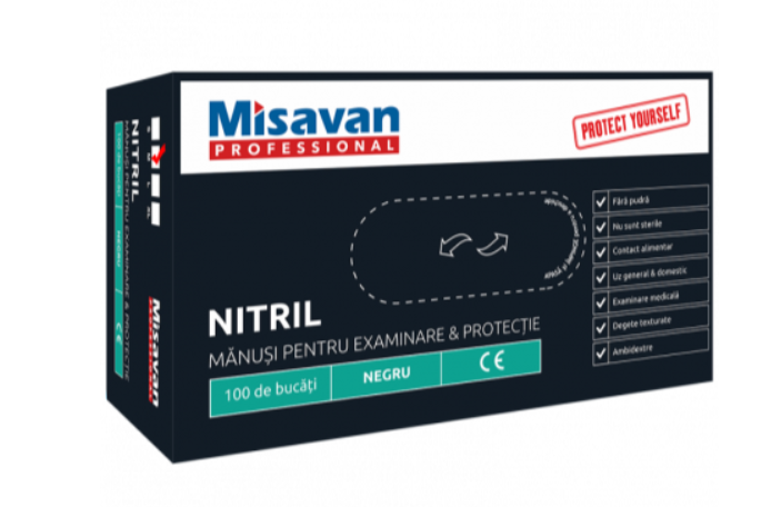 Manusi unica folosinta nitril Misavan, marime M, negru, 100 buc  set, 90015687