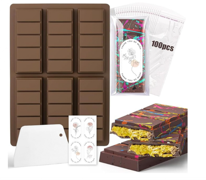 Matrita silicon 6 batoane cacao adanci + racleta, 100 pungi si 40 stickere, alimentara, usor de demoldat -fin