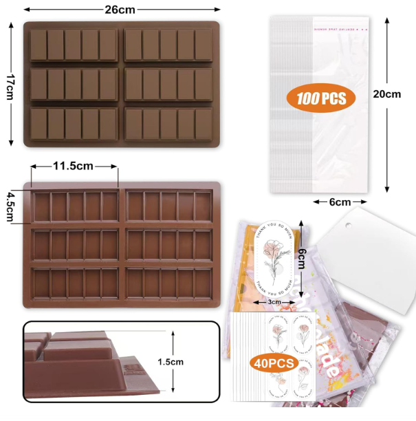 Matriță silicon 6 batoane cacao adânci + racletă, 100 pungi și 40 stickere, alimentară, ușor de demoldat -fin [4]