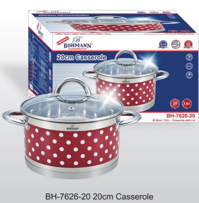 Oala din inox cu buline Bohmann, 20cm, 3.6L, capac sticla termorezistenta, manere inox [2]