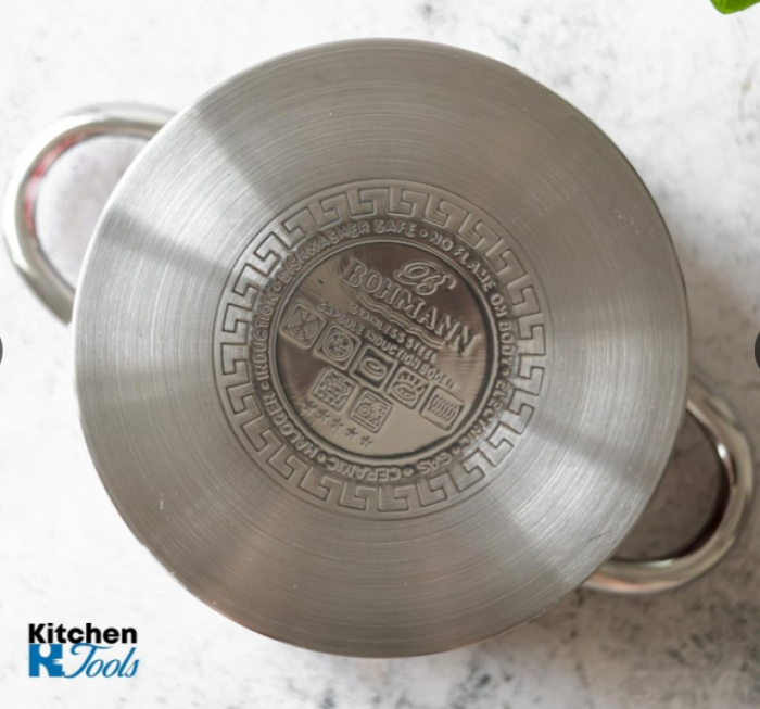 Oala din inox cu buline Bohmann, 26cm, 7.3L, capac sticla termorezistenta, manere inox [3]