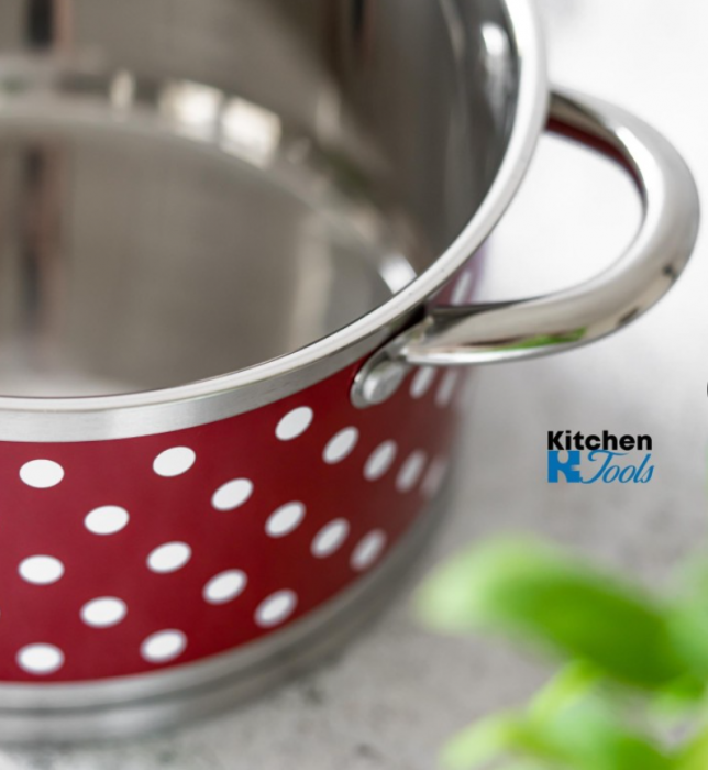 Oala din inox cu buline Bohmann, 28cm, 9.5L, capac sticla termorezistenta, manere inox [5]