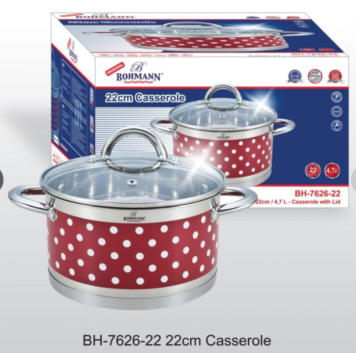 Oala din inox cu buline Bohmann, 22cm, 4.7L, capac sticla termorezistenta, manere inox [2]