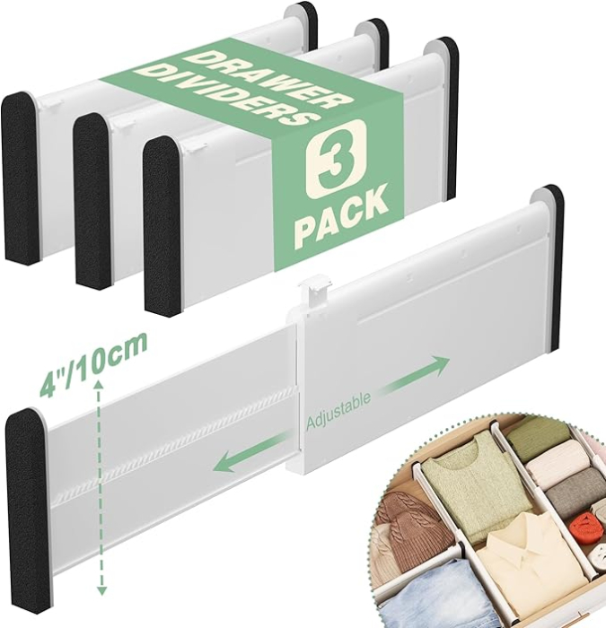 Set 3 separatoare sertar FUNIZE reglabile, extensibile 32–58 cm, pentru haine, bucatarie, birou sau dulap, 10 cm inaltime [1]