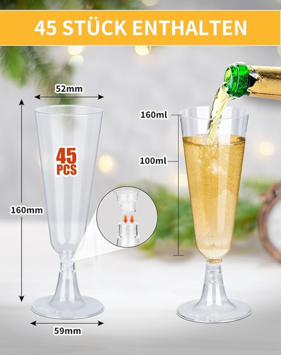 Set 45 pahare de șampanie LAOYE – pahare din plastic transparente 160 ml, reutilizabile, pentru nuntă, petreceri, picnic și zi de naștere [2]