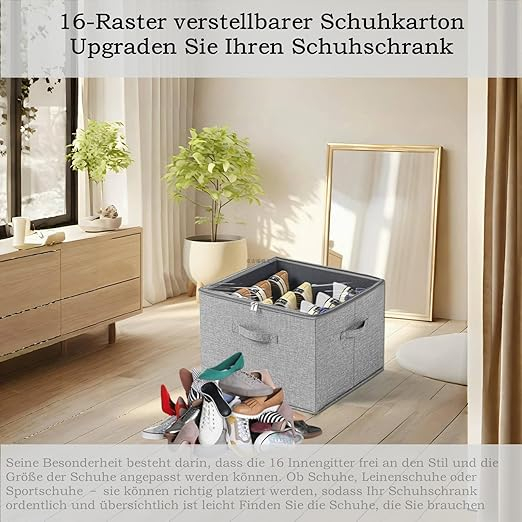 Set 2 organizatoare pantofi Arsey, 16 compartimente, pliabile, capac transparent, economisire spatiu, gri [5]