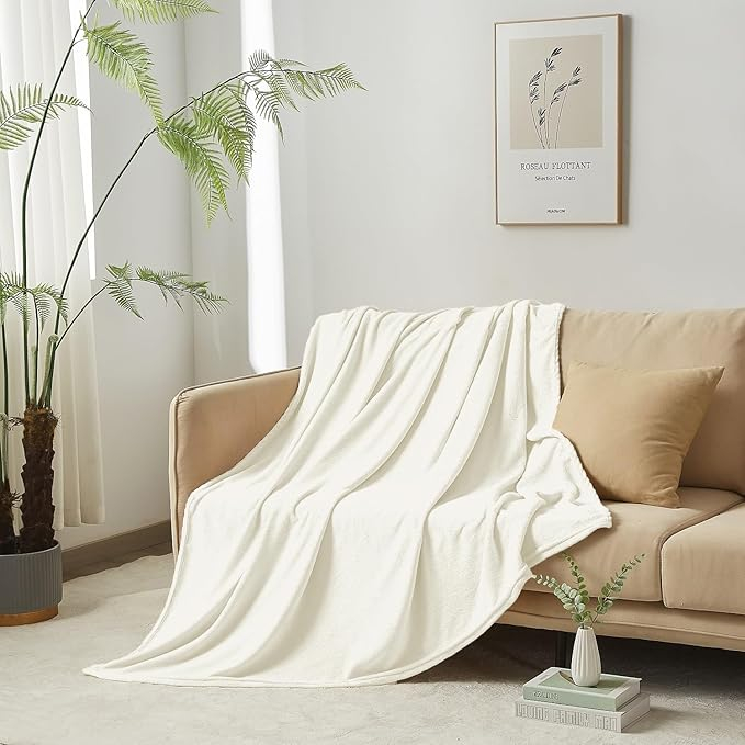 Patura flanel Luofanfei 180x200 cm, alba/crem, catifelata, pufoasa si calduroasa, pentru pat sau canapea [3]