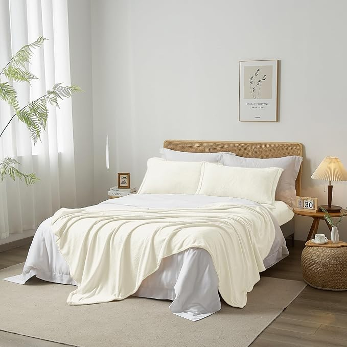 Patura flanel Luofanfei 180x200 cm, alba/crem, catifelata, pufoasa si calduroasa, pentru pat sau canapea [7]