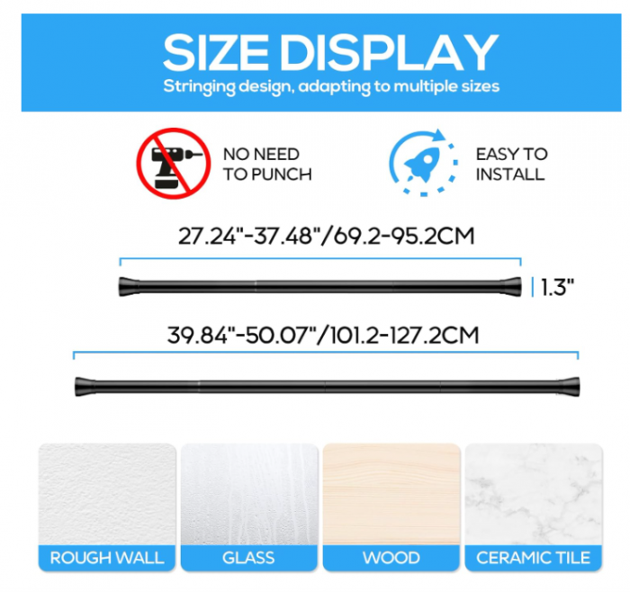 Bară dus tensionată 70–130 cm – fără găurire, capete antialunecare, negru/argintiu [5]