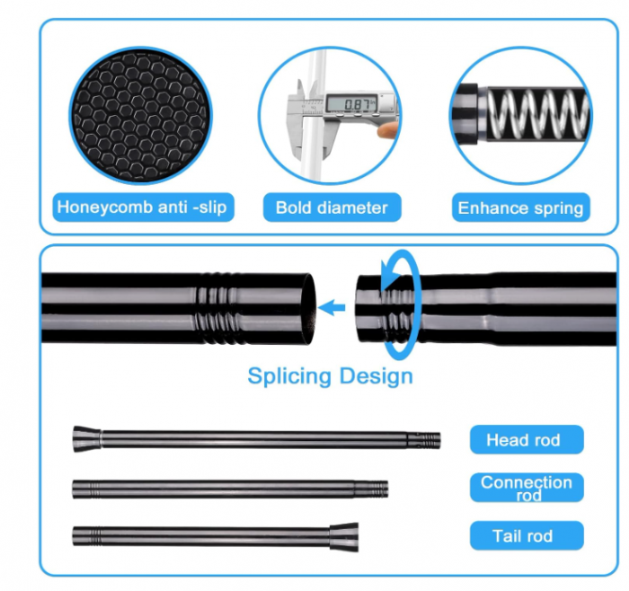 Bară dus tensionată 70–130 cm – fără găurire, capete antialunecare, negru/argintiu [6]