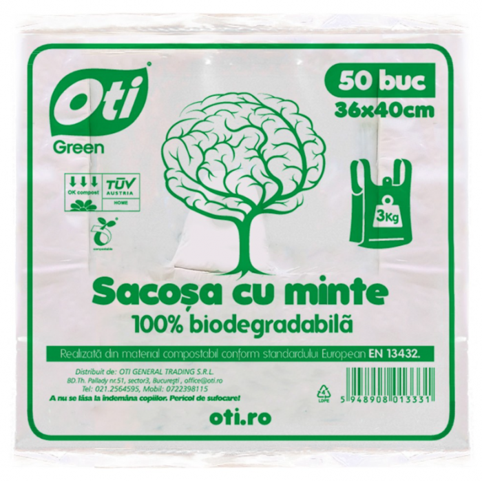 Pungi biodegradabile cf standard EN13432, Oti Green, 36x40cm, 3kg, 50 buc./set [3]