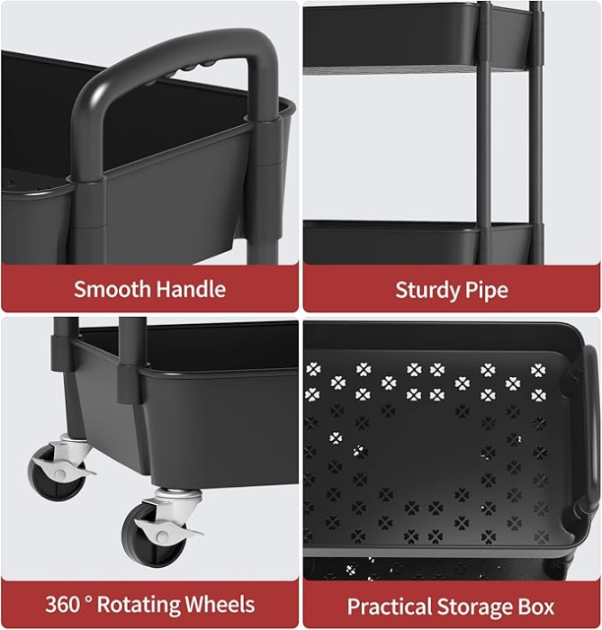 Carut Bucatarie 4 Nivele cu Rotile si Maner, Trolley Depozitare Multifunctional, Negru [3]