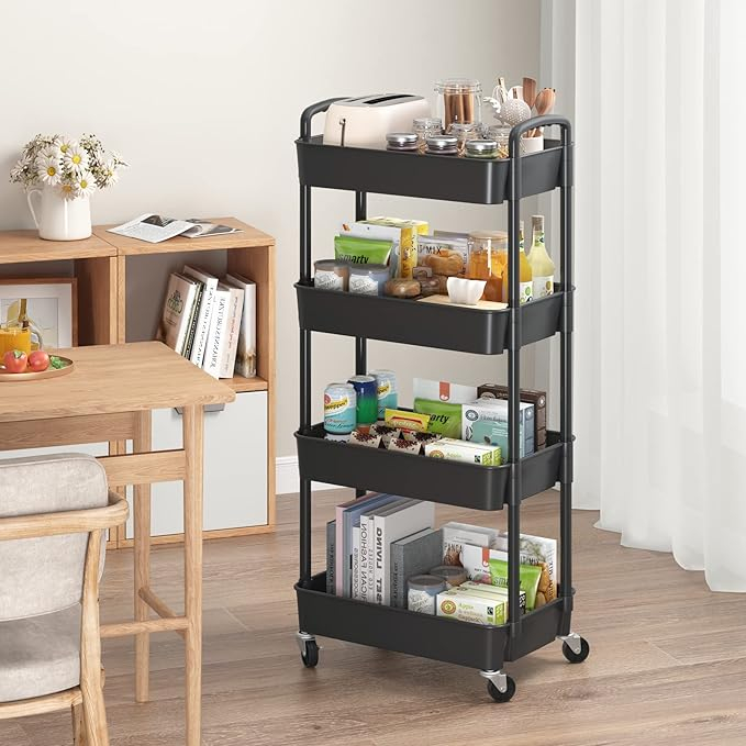 Carut Bucatarie 4 Nivele cu Rotile si Maner, Trolley Depozitare Multifunctional, Negru [6]