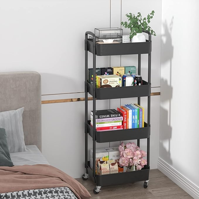Carut Bucatarie 4 Nivele cu Rotile si Maner, Trolley Depozitare Multifunctional, Negru [7]