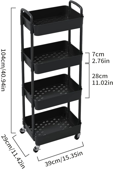 Carut Bucatarie 4 Nivele cu Rotile si Maner, Trolley Depozitare Multifunctional, Negru [2]