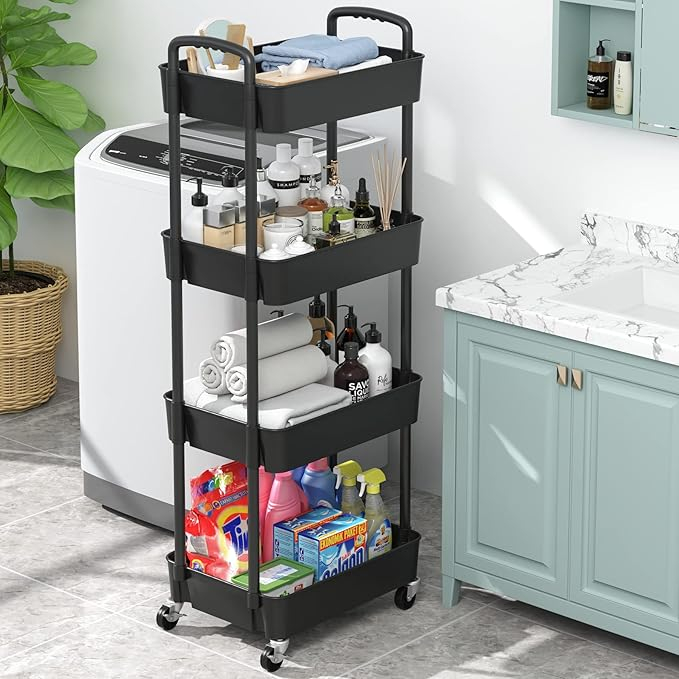 Carut Bucatarie 4 Nivele cu Rotile si Maner, Trolley Depozitare Multifunctional, Negru [4]