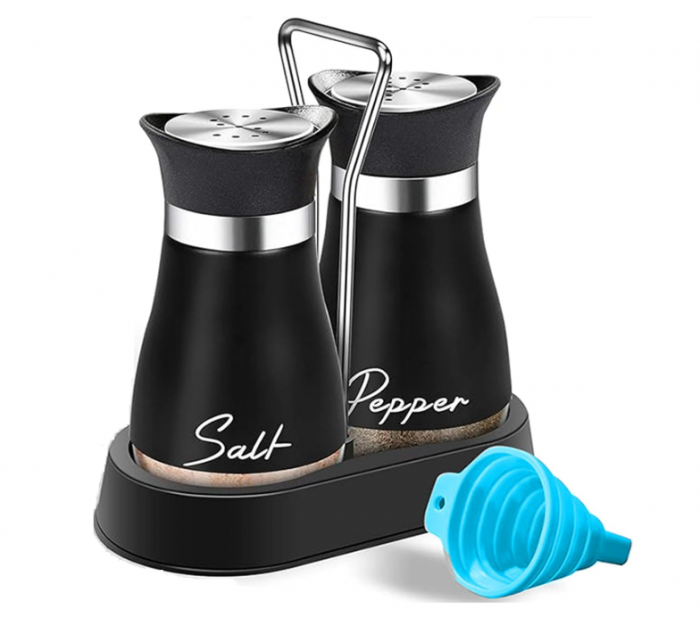 Dozator sare piper compact ,   inox  sticla, capac ajustabil anti-umiditate, design elegant