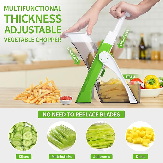 Mandolina de bucatarie multifunctionala, safe mandoline slicer, chopper profesional legume, 30+ presetari, container inclus, verde [6]