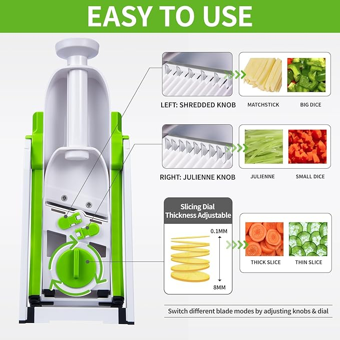 Mandolina de bucatarie multifunctionala, safe mandoline slicer, chopper profesional legume, 30+ presetari, container inclus, verde [5]