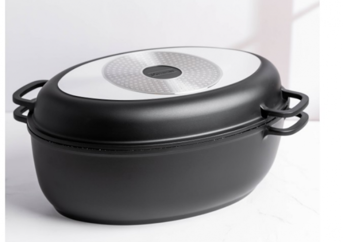 Set 3 piese roaster oval, aluminiu turnat, 3 straturi antiaderente, 3.4l/8.4l, capac sticla termorezistent, Goldmann [9]