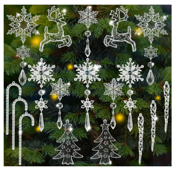 Set 36 fulgi de zapada decorativi reutilizabili ,   plastic alb, modele diferite, detasabili