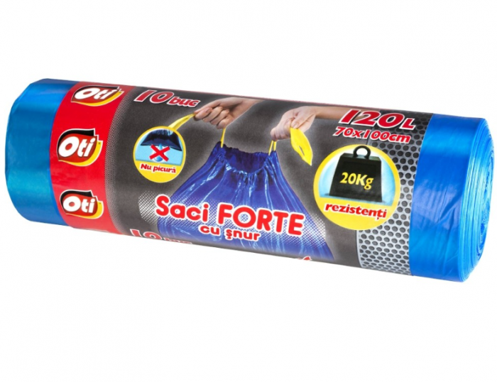 Saci Menajer cu Snur OTI FORTE, Capacitate 120L, 70x100 cm, 10 Buc Rola, Culoare Albastra, Sac Menajer de Gunoi cu Snururi