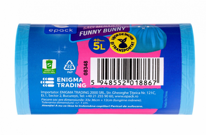 Saci Menajeri HDPE Albastri Epack Funny Bunny , 5L, 40 Buc [2]
