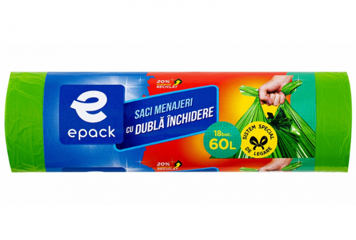 Saci Menajeri HDPE Cu Dubla Inchidere Albastru Epack, 60L, 18 Buc