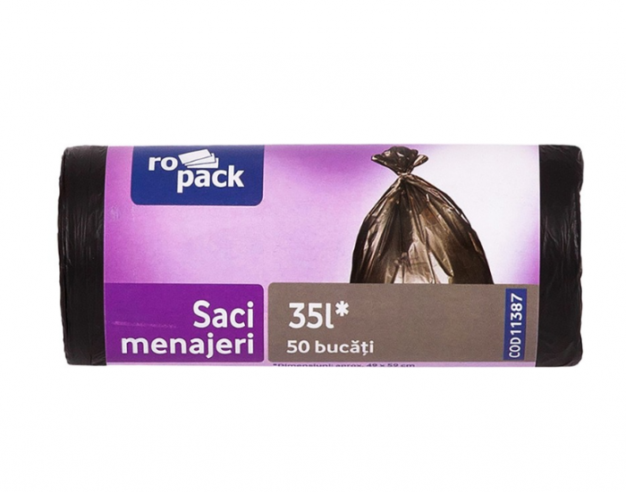 Saci menajeri Ropack, 35 l, 50 buc rola, Negru