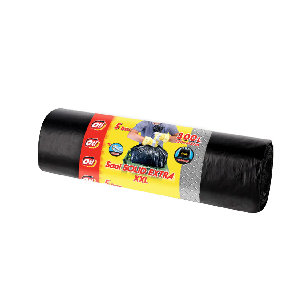 Saci SOLID EXTRA cu urechi de prindere, 300L, negru, 5 buc./rola [2]