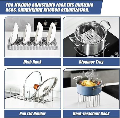 Suport vase si capace din inox, dish drainer rack, rib rack, economizor spatiu, 2 bucati, gri [8]
