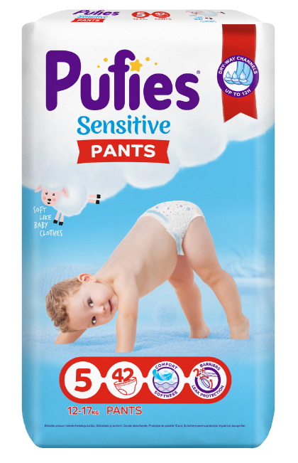 Scutece-chilotel Pufies Pants Sensitive Junior, Marimea 5, 12-17 kg, 42 buc