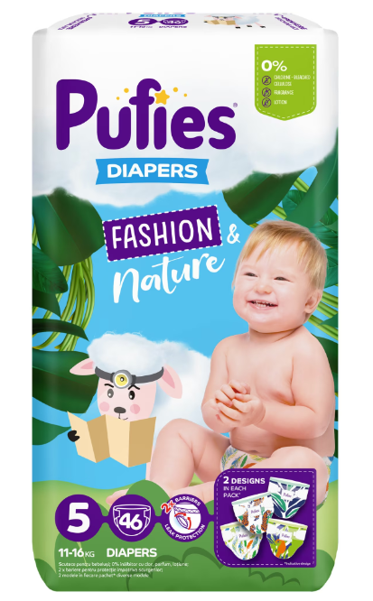 Scutece Pufies Fashion  Nature, Maxi Pack, 5 Junior, 11-16 kg, 46 buc