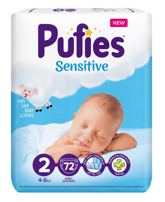 Scutece Pufies Sensitive, Marimea 2 Mini, 4-8 kg, 72 bucati