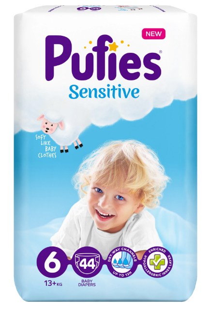 Scutece Pufies Sensitive, 6 Extra Large, Maxi Pack, 13+ kg, 44 buc