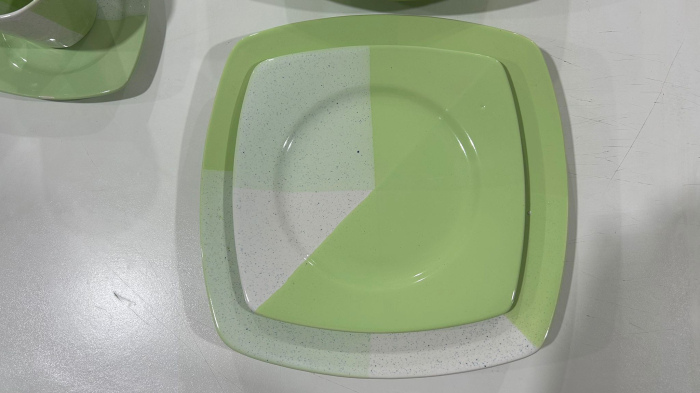 Serviciu de masa complet 30 piese, pentru 6 persoane, Portelan, Design Modern Alb/Verde, Farfurii Intinse, Adanci, Desert si Set Cesti cu Farfuriute [10]