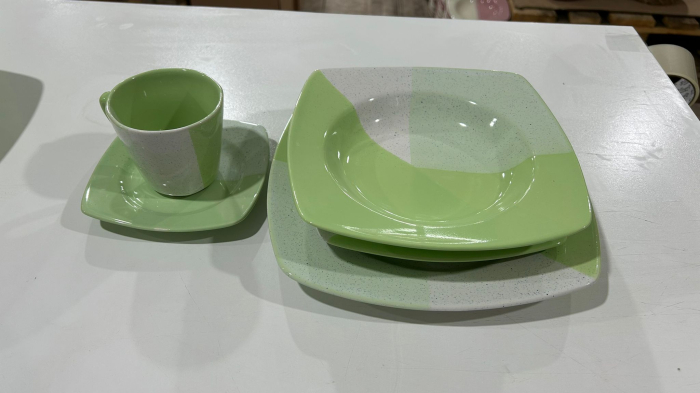 Serviciu de masa complet 30 piese, pentru 6 persoane, Portelan, Design Modern Alb/Verde, Farfurii Intinse, Adanci, Desert si Set Cesti cu Farfuriute [5]