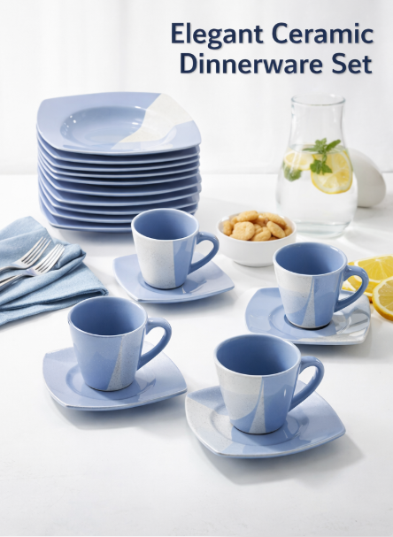 Serviciu de masa complet 30 piese, pentru 6 persoane, Portelan, Design Modern albastru-alb, Farfurii Intinse, Adanci, Desert si Set Cesti cu Farfuriute [2]