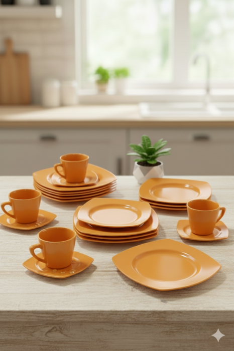 Serviciu de masa complet 30 piese, pentru 6 persoane, Portelan, Design Modern portocaliu, Farfurii Intinse, Adanci, Desert si Set Cesti cu Farfuriute [3]