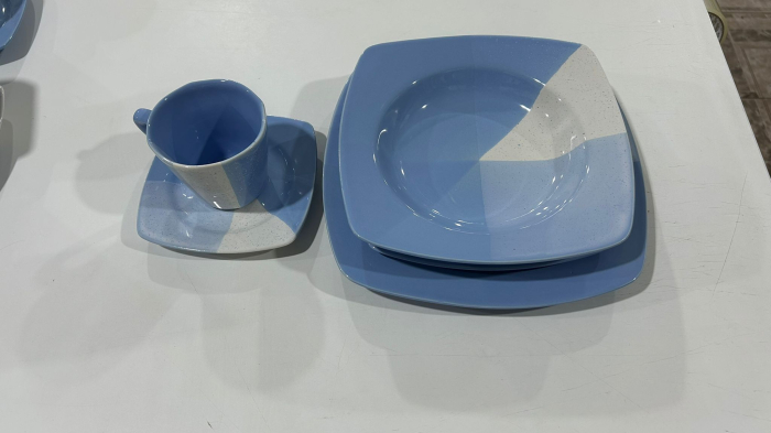 Serviciu de masa complet 30 piese, pentru 6 persoane, Portelan, Design Modern albastru-alb, Farfurii Intinse, Adanci, Desert si Set Cesti cu Farfuriute - Copie [5]